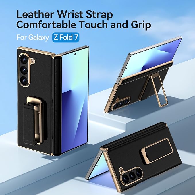 for Samsung Galaxy Z Fold 7 Case with Kickstand,【Military Grade Protection】【Hinge Protection】, Scratch Resistant Protective Phone Case for Z Fold 7 Leather Case, Black（Back Cover Version）