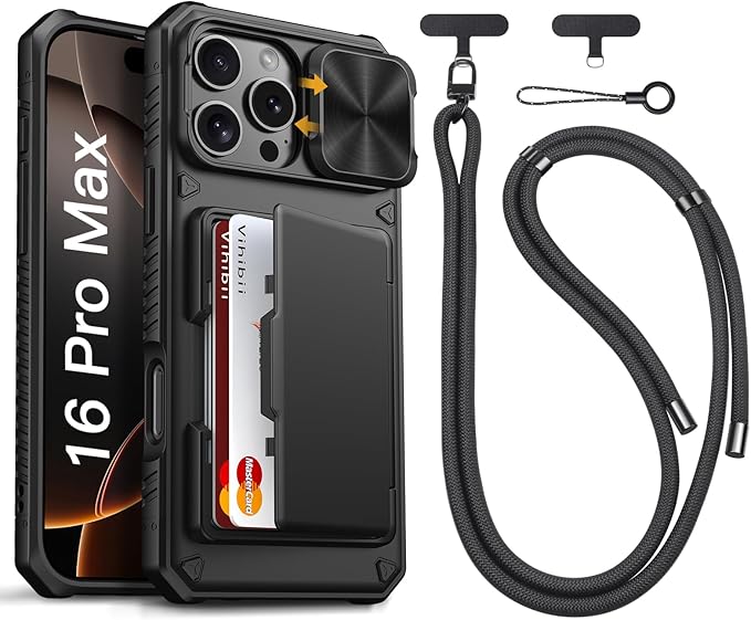 Vihibii for iPhone 16 Pro Max Case with Crossbody Lanyard Strap, Built-in Card Holder (4 Cards) [RFID Blocking] & Slide Camera Cover, Military Grade Drop Protection, Hard Back & Soft Edge Case, Black