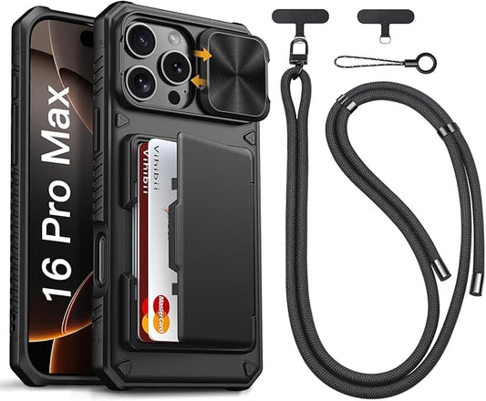 Vihibii for iPhone 16 Pro Max Case with Crossbody Lanyard Strap, Built-in Card Holder (4 Cards) [RFID Blocking] & Slide Camera Cover, Military Grade Drop Protection, Hard Back & Soft Edge Case, Black