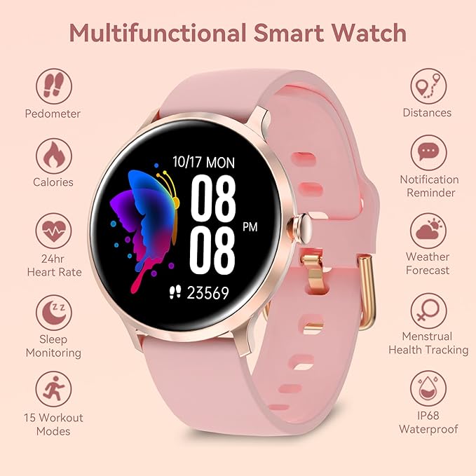 BRIBEJAT Smart Watch for Women, HD 1.20" Smartwatch Zinc Alloy Case, Fitness Tracker with SpO2/Heart Rate/Sleep Monitor, Waterproof Activity Tracker Pedometer Compatible with iOS Android
