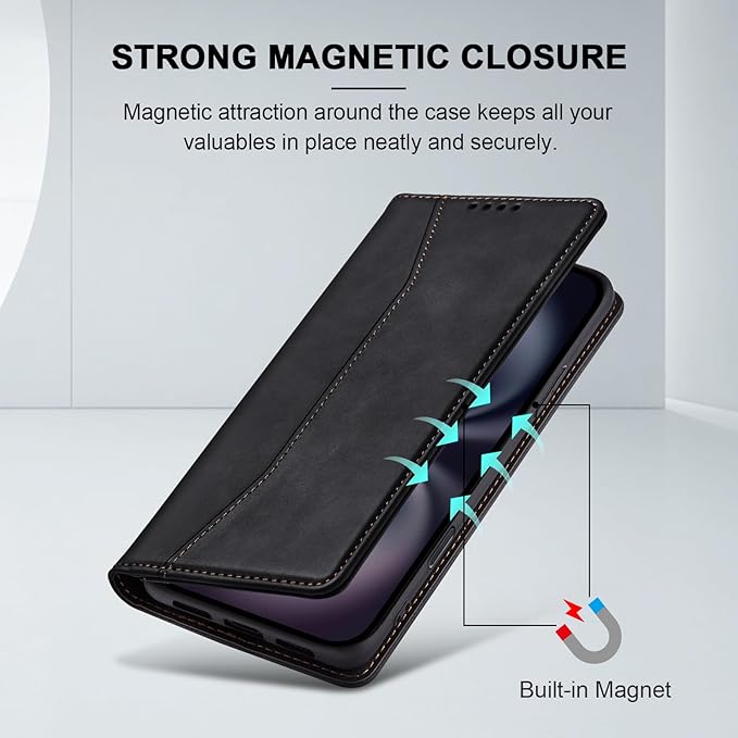 Jasonyu Flip Wallet Case for iPhone 16 Plus,Leather Magnetic Folio Cover with Card Holder,Kickstand - TPU Shockproof Durable Protective Phone Case,Black