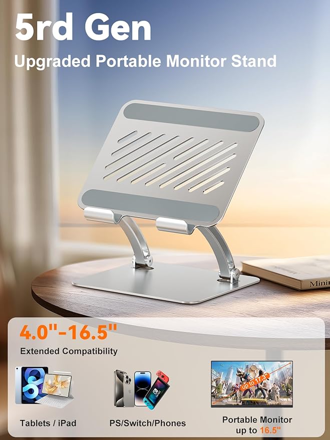 tounee Tablet Holder Stand, Dual Rod Adjustable Aluminum Desktop Stand, Compatible with 4.7-16.5" iPads, Surface Tablets, Portable Monitors, Kindle & More (Silver)