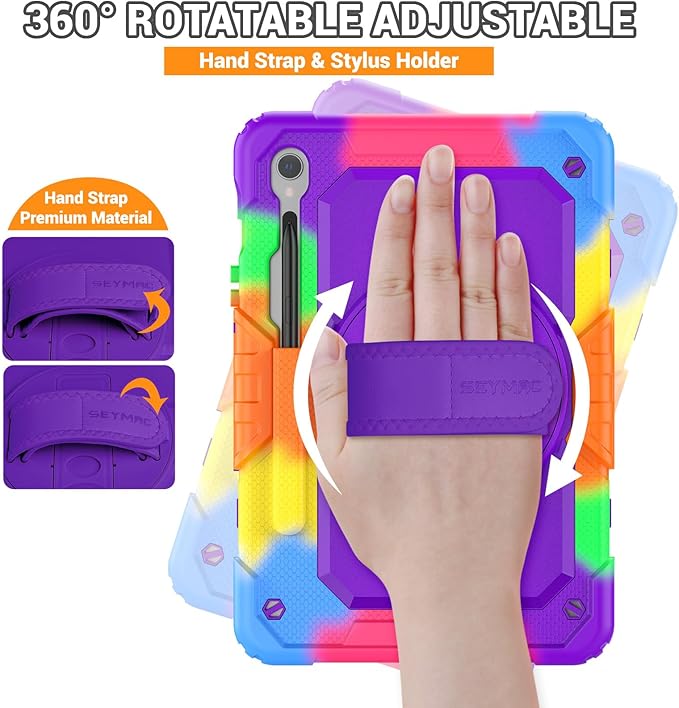 SEYMAC Case for Samsung Galaxy Tab S10 Lite/ S10 FE/ S9 FE/ S9 5G (10.9''/11''), Heavy Duty Shockproof Protective Case with Screen Protector, Rotating Stand, Hand Strap and Pen Holder, Purple