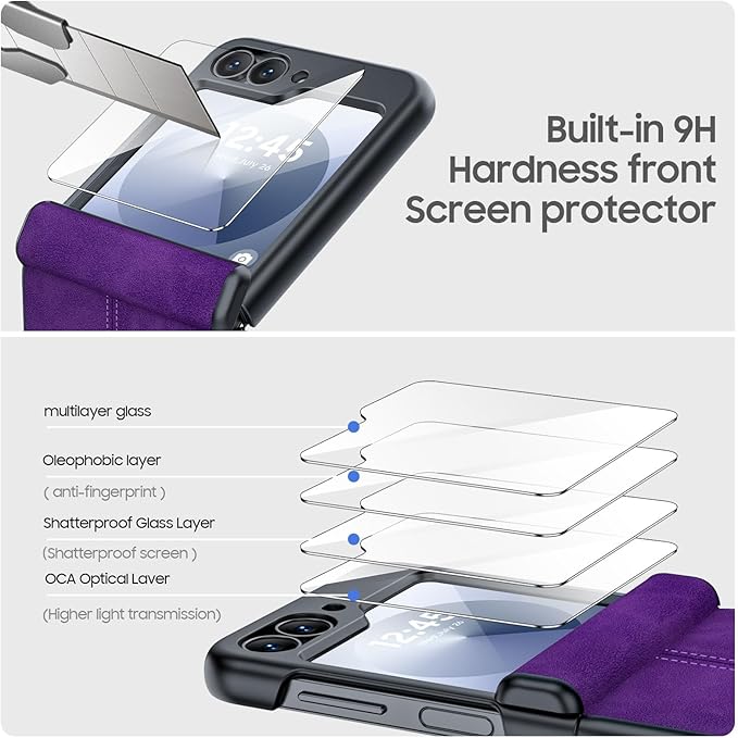 for Samsung Galaxy Z Flip 6 Case/Z Flip 7 FE Case with Hinge Protection & Built-in Screen Protector, Ultra Thin Leather Shockproof Cover Phone Case for Galaxy Z Flip 6/Z Flip 7 FE-Purple