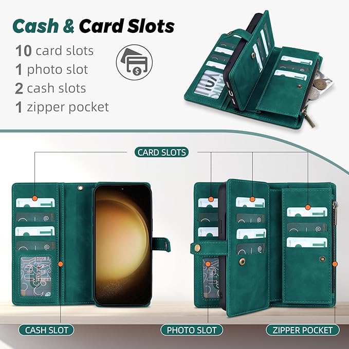 TwoHead for Samsung Galaxy S23 Plus Wallet Case with Card Holder,Detachable Magnetic Phone Case for Galaxy S23 Plus,PU Leather All-Round Protective Phone Cover Wallet with Strap(6.6 in,Green)