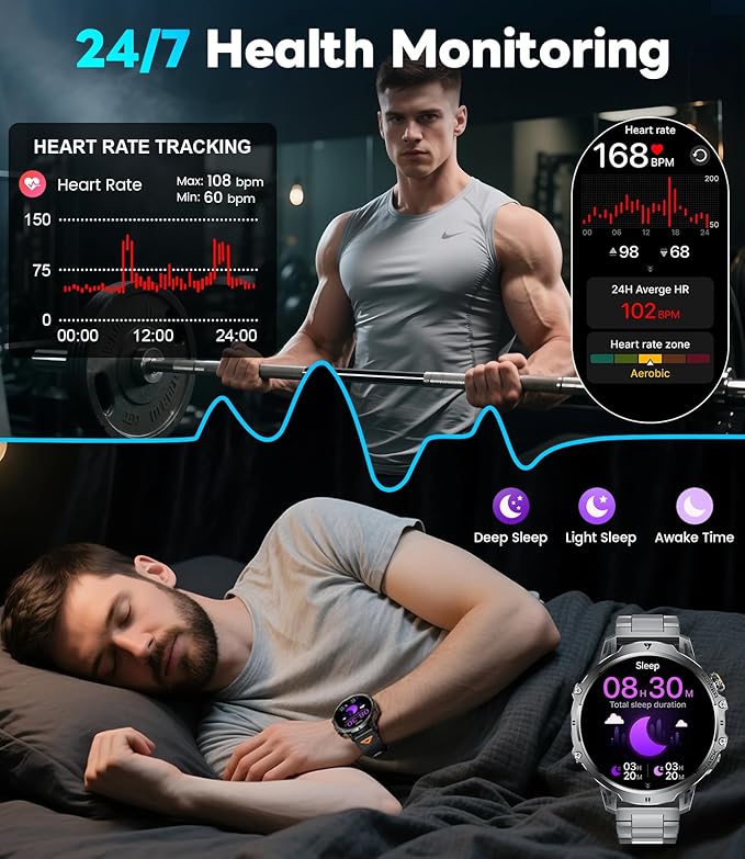 LIGE Smart Watches for Men with 50+Days Standby(1000mAh)/1.85" HD AMOLED Large Screen/Flashlight/50M Waterproof,100+ Sports Fitness Tracker Watch,Pedometer Mens Military Smart Watch for Android iPhone