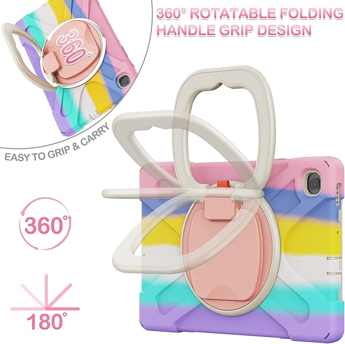 BATYUE Case for Samsung Galaxy Tab S6 Lite 10.4 Inch 2024/2022/2020 (SM-P610/P613/P615/P619/P620), Protective Case with Shoulder Strap, 360° Swivel Stand, Shockproof Drop; for Kids - Colourful Pink