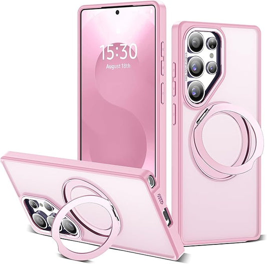 for Samsung Galaxy S25 Ultra Case with 360°Rotatable Magnetic Ring Stand Compatible with Mag-Safe Military Protection Shockproof Matte Translucent Phone Cases for S25 Ultra 6.9",Pink