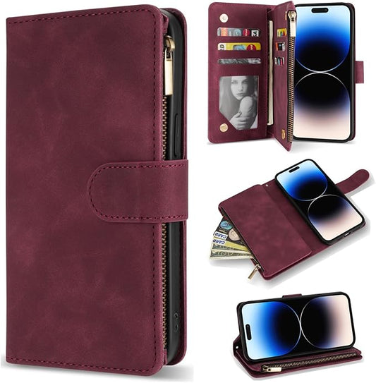 ZZXX For iPhone 14 Pro Max Case Wallet With [RFID Blocking] Card Slot Soft PU Leather Zipper Flip Folio With Wrist Strap Kickstand Protective Cover For iPhone 14 Pro Max Wallet Case(Wine Red-6.7 inch)
