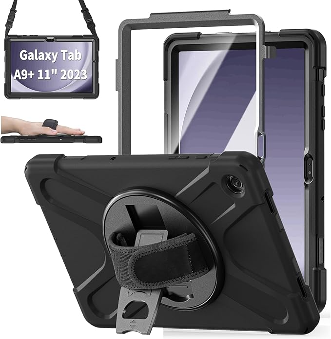 ZenRich Rugged Case for Samsung Galaxy Tab A9+/A9 Plus 11” Built-in Screen Protector Heavy Duty Full-Body Shockproof Case w/ 360°Rotating Stand, Hand/Shoulder Strap,Pencil Holder