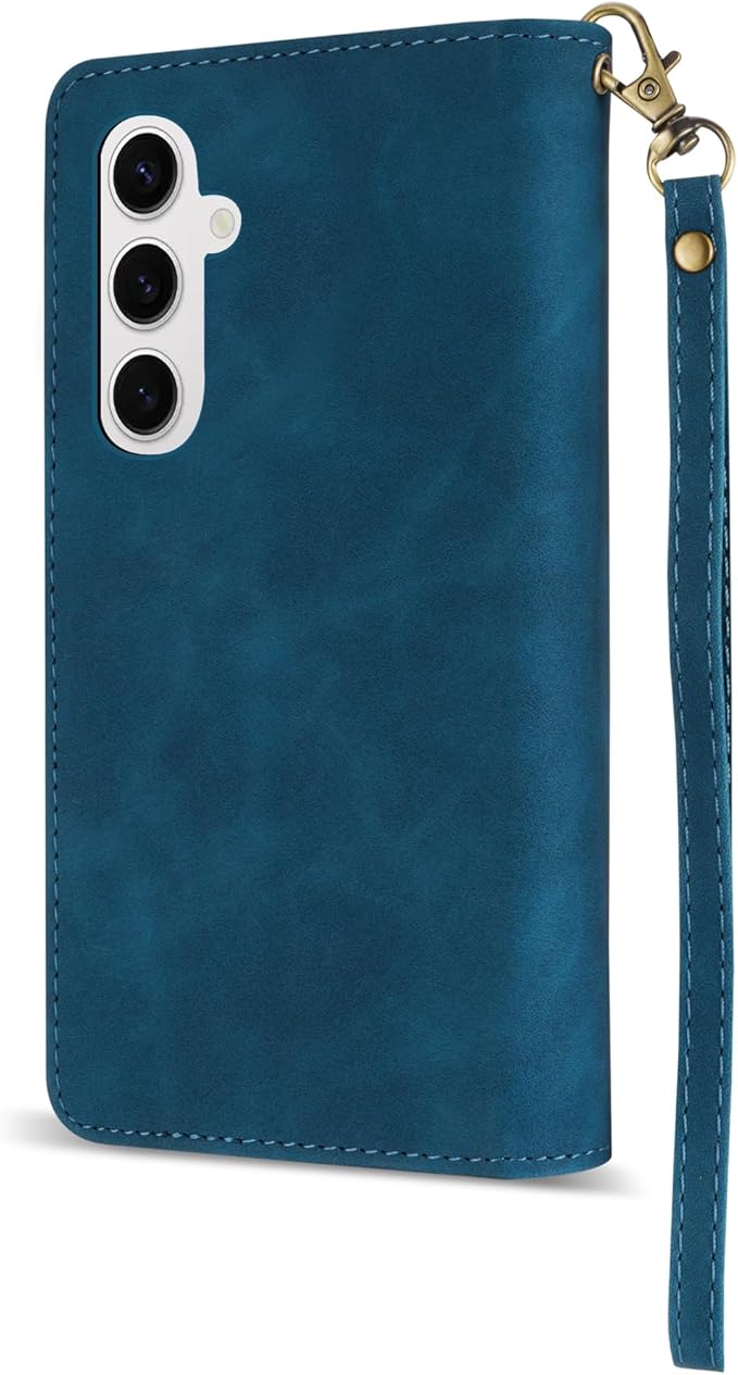 ZZXX for Samsung Galaxy S24 Plus Wallet Case with RFID Blocking Card Slot PU Leather Zipper Flip Folio with Strap Kickstand Protective Cover for Samsung Galaxy S24+ Case Wallet(Blue-6.7 inch)