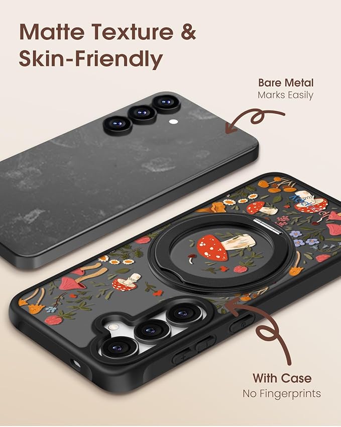 for Samsung Galaxy S25 Case with 360° Rotatable Magnetic Ring - Compatible with MagSafe, Semi-Transparent Anti-Fingerprint Soft-Touch Material Shockproof, Cute Mushroom Design for Women Girl