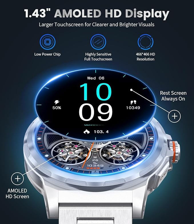 Military Smart Watch for Men(Answer/Dial Calls),1.46'' AMOLED Touchscreen/120 Sports Modes/5ATM Waterproof Fitness Watch with Heart Rate/SpO2/Blood Pressure/Pedometer for Android/iOS Smartwatch Silver
