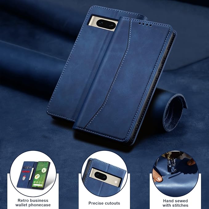 Jasonyu Flip Wallet Case for Google Pixel 7 5G,Leather Magnetic Folio Cover with Card Holder,Kickstand - TPU Shockproof Durable Protective Phone Case,Blue