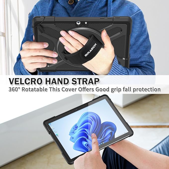 BRAECNstock Case for Microsoft Surface Go 4 (2023) Go 3 (2021) Go 2 (2020) Go (2018) Rugged Protective Kids Case with [Rotating Hand Strap+Stand], Compatible with Type Cover Keyboard, Black