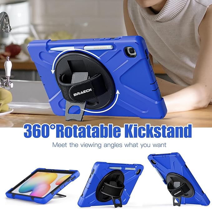 BRAECNstock Case for Samsung Galaxy Tab S6 Lite 10.4 Inch 2024/2022/2020 (SM-P620/P610/P619) Shockproof Protective Cover with Rotating Hand Strap Kickstand Pen Holder Galaxy S6 Lite Kids Case - Blue