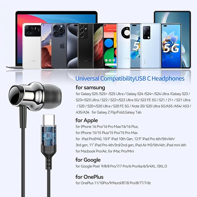 USB C Headphone for Samsung S25 S24 S23 Ultra FE S22 A55 A54 Wired Earbuds Magnetic in-Ear Type C Earphone with Mic Volume Control Stereo Noise Canceling Earbuds for iPhone 17 16 15 Pro Max Pixel 9 8a