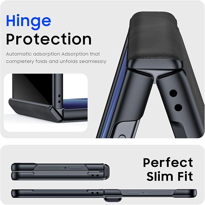 for Samsung Galaxy Z Flip 7 Case with Hinge Protection & Built-in Privacy Screen, Ultra Thin Stylish Leather Matte PC Durable Shockproof Cover Phone Case for Galaxy Z Flip 7-Black