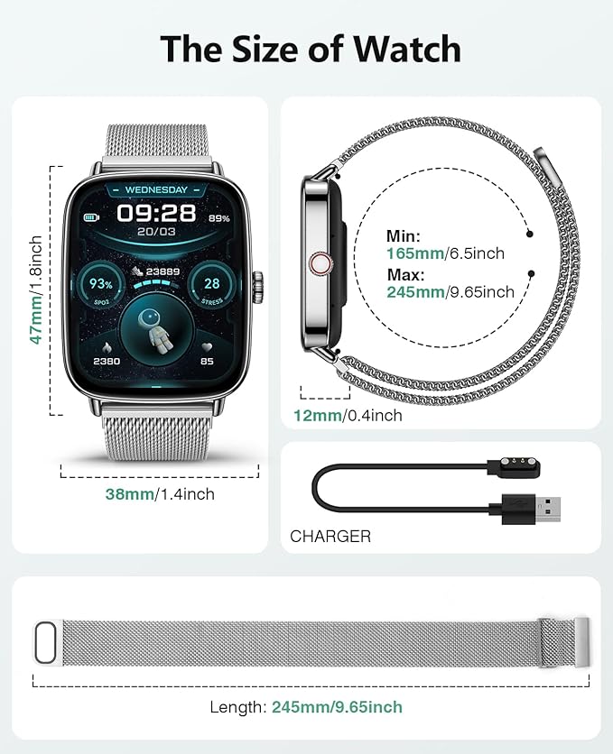 2025 Smart Watches for Women Men, 1.85" AI Voice Smartwatch, 24/7 Heart Rate Monitor, Stress/SpO2/Sleep Tracker, IP68 Waterproof, Weather, 100+ Sports Fitness Tracker for Android iOS Silver Metal