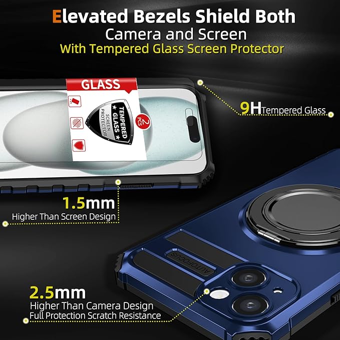 Magnetic for iPhone 15 Case Compatible with MagSafe Wireless Charging,15 Phone Case with 2 Screen Protectors,Built-in Kickstand Ring Military Grade Drop Shockproof Heavy Duty Protection Blue