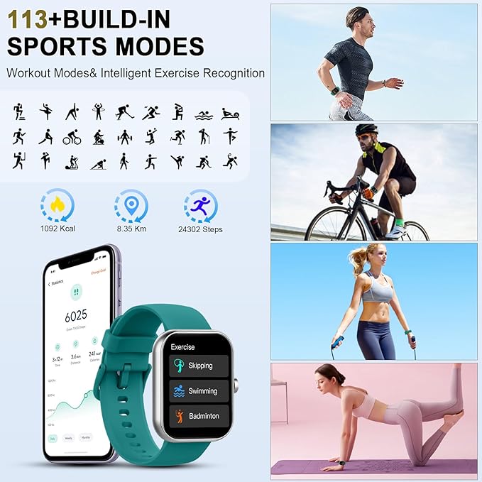 Smart Watch (Answer/Make Calls), 1.96"HD Smartwatch for Men Women 113+ Sport, 2025 Fitness Activity Tracker with Heart Rate Monitor, Sleep Trackers, Pedometer, IP68 Waterproof for Android iOS Green