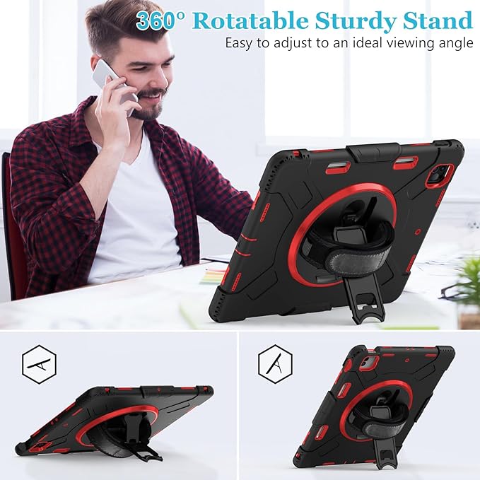 Case for iPad Pro 12.9 2022/2021/ 2020/2018: Cover for iPad Pro 12.9 6th/ 5th/ 4th/ 3rd Generation with Screen Protector- Stand- Pencil Holder- Handle- Shoulder Strap Red+Black