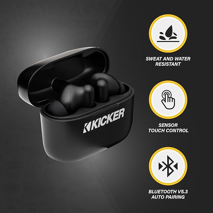 KICKER TWS2 True Wireless Earbuds, Bluetooth Earbuds with Microphone, Environmental Noise Cancelling, Wireless Earphones for Android and iOS, Fast Charging Case USB-C with 24 Hours of Playtime