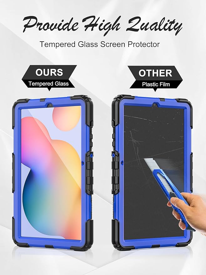 Case for Samsung Galaxy Tab S6 Lite Case 10.4" 2024/2022/2020 with Tempered Glass Screen Protector, Rotatable Kickstand/Hand & Shoulder Strap/S Pen Holder (Blue)