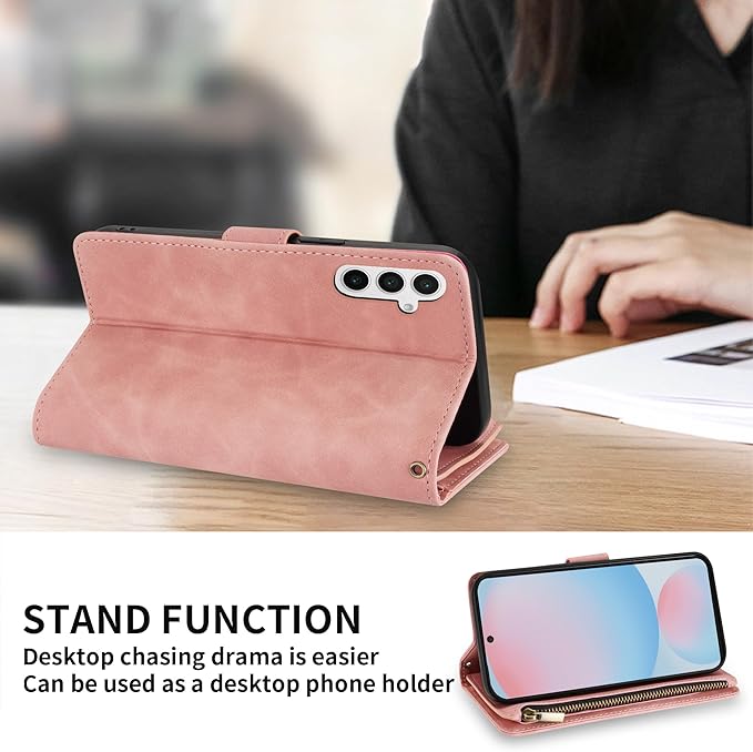 ZZXX for Samsung Galaxy S24 FE Wallet Case with RFID Blocking Card Slot PU Leather Zipper Flip Folio with Strap Kickstand Protective Cover for Samsung Galaxy S24 FE Case Wallet(Pink-6.7 inch)