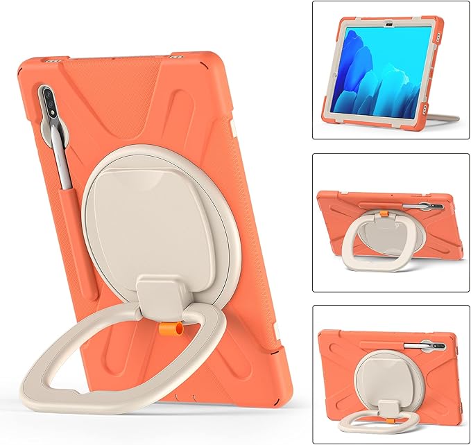 360 Rotation Portable Case for Galaxy Tab S8+/S7 FE/S7+ 12.4 Inch Case with S Pen Holder Rugged Case Rotating Stand Hand Strap Shoulder Carrying Strap Outdoor Cover (Orange)