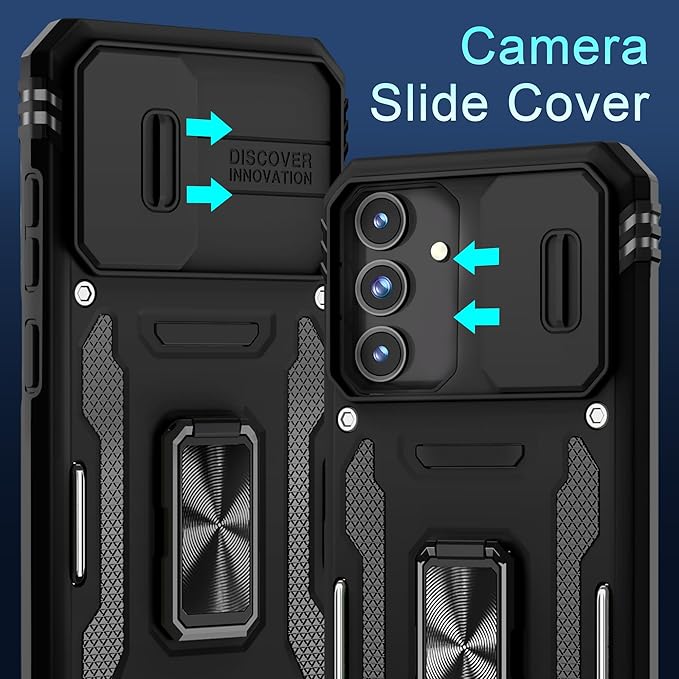 DEERLAMN Case for Samsung Galaxy S24+ Plus with Slide Camera Cover+Screen Protector (1 Pack), Rotated Ring Kickstand Military Grade Shockproof Protective Cover-Black