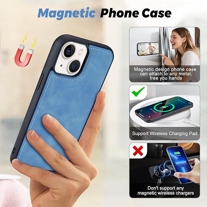 TwoHead Wallet Case Compatible with iPhone 15,Detachable Magnetic Phone Case,All-Round Protective Leather Phone Case with Card Holder,6.1 in,Sky Blue