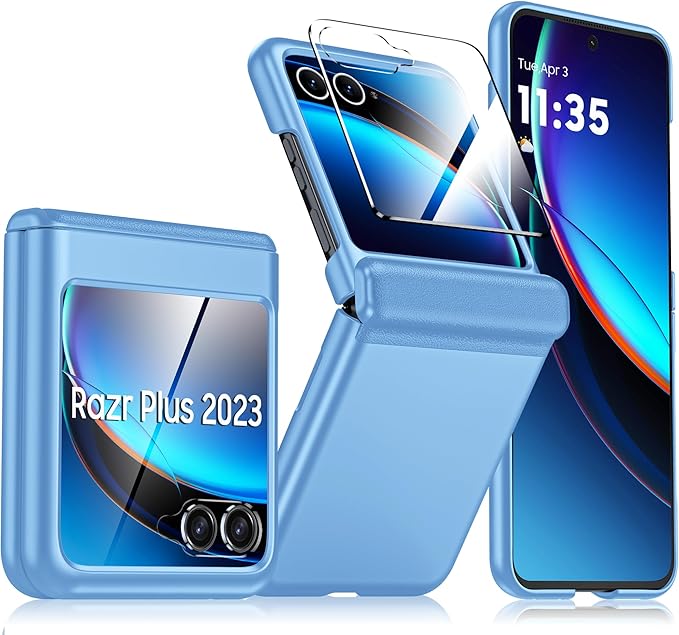 for Motorola Razr Plus 2023 Case, Built-in Screen Protector& Hinge Protection& Ultra Thin Matte PC Shockproof Phone Cover Smartphone Case for Moto Razr + (Sky Blue)