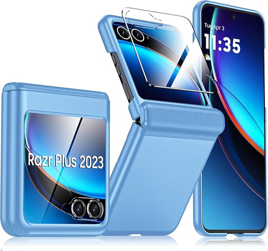 for Motorola Razr Plus 2023 Case, Built-in Screen Protector& Hinge Protection& Ultra Thin Matte PC Shockproof Phone Cover Smartphone Case for Moto Razr + (Sky Blue)