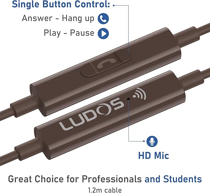 LUDOS OMNITONE Wired Earbuds in-Ear Headphones, 5 Year Warranty, Earphones with Microphone, 3.5 mm Jack Corded Ear Buds, Videoconference for iPhone, Samsung, Laptop, Kids, School Students - Brown