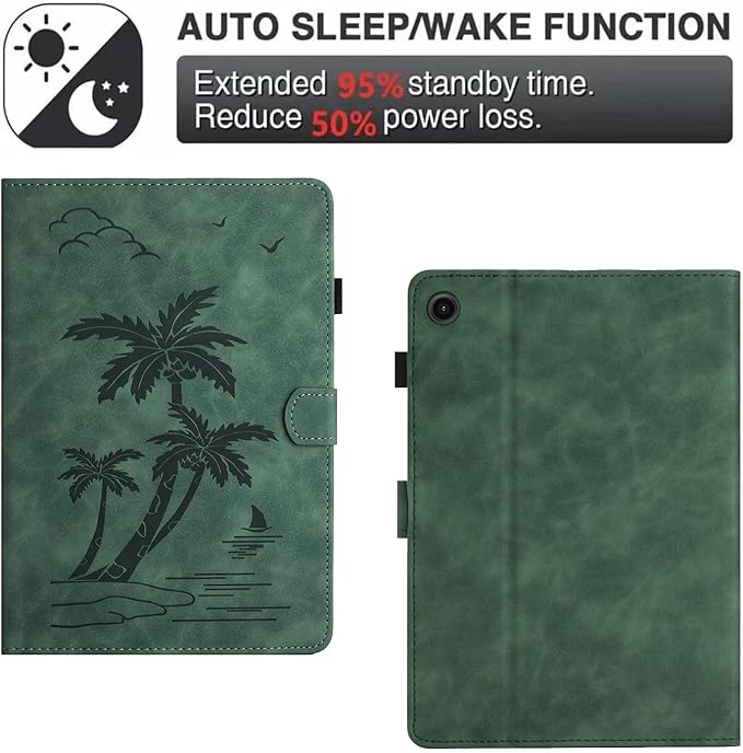 Case for Samsung Galaxy Tab A9 Plus 11 Inch 2023 2024 SM-X210/X216/X218, PU Suede Leather Stand, Coconut Tree Embossed Cover with Card Holder & Auto Sleep/Wake, Green