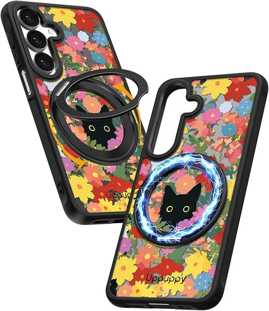 for Samsung Galaxy A16 4G/5G Case with 360° Rotatable Magnetic Ring - Semi-Transparent Anti-Fingerprint Soft-Touch Material Shockproof, Cute Black Cat & Flower Design for Women Girl