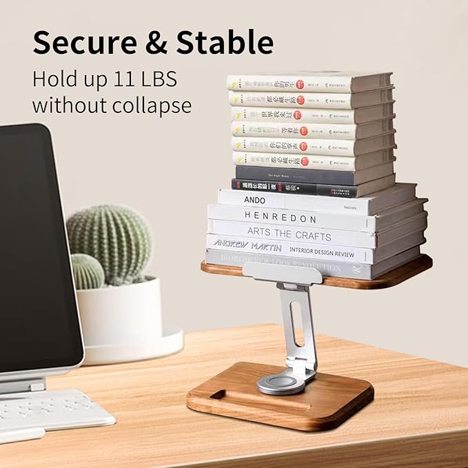 Book Stand for Reading, Mayhas Adjustable Book Holder with 360° Swivel Base&Page Clips, Foldable Desktop Stand for Cookbook, Fits All Books (Cherry Wood, Wood Base)