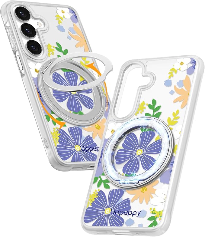 for Samsung Galaxy A16 4G/5G Case with 360° Rotatable Magnetic Ring - Semi-Transparent Anti-Fingerprint Soft-Touch Material Shockproof, Cute Purple Flower Design for Women Girl