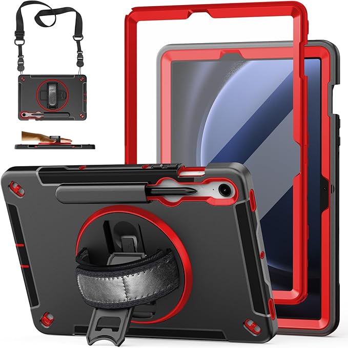 Case for Galaxy Tab S10 Lite &S10 FE S9 FE 10.9"/S9 11 Inch: TPU Cover for Samstng Tablet S10 FE/ 2025/ S9 FE & S9 2023 5G with Screen Protector- Stand- Handle-Shoulder Strap-S-Pen Holder-Red+Black