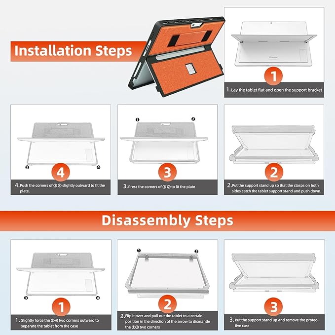 Case fit Microsoft Surface Pro 11/10/9/8 13-Inch, with Stent Cover, Hand Strap, All-in-one Rugged Case Compatible with Type Cover Keyboards, Orange