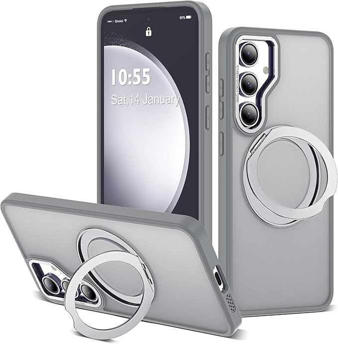 for Samsung Galaxy S23 FE Case with 360° Rotatable Magnetic Ring Stand Compatible with Mag-Safe Military Protection Shockproof Matte Translucent Phone Cases for S23 FE,Gray