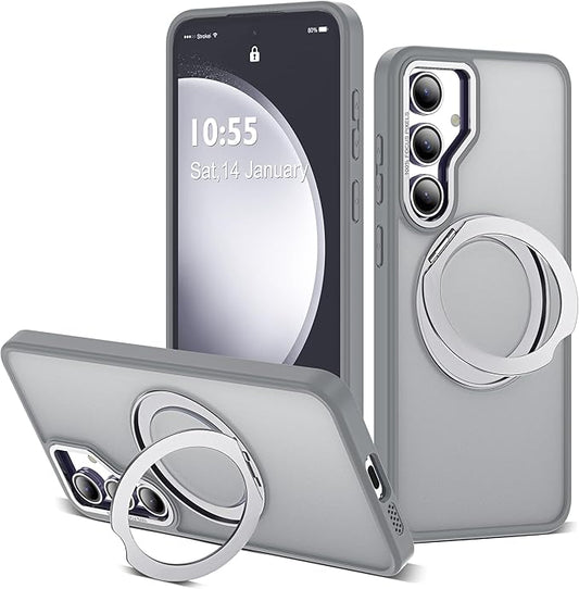 for Samsung Galaxy S23 FE Case with 360° Rotatable Magnetic Ring Stand Compatible with Mag-Safe Military Protection Shockproof Matte Translucent Phone Cases for S23 FE,Gray