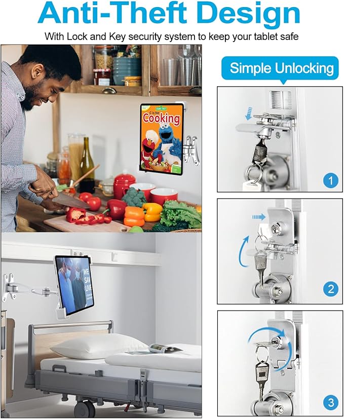 woleyi Anti-Theft Tablet Wall Holder Stand for 9"-14" Tablet, Security Heavy Duty Articulating in-Wall Tablets Mount with Lock and Key, Compatible with iPad Pro 13/Air, Surface Pro/Go, Galaxy Tabs