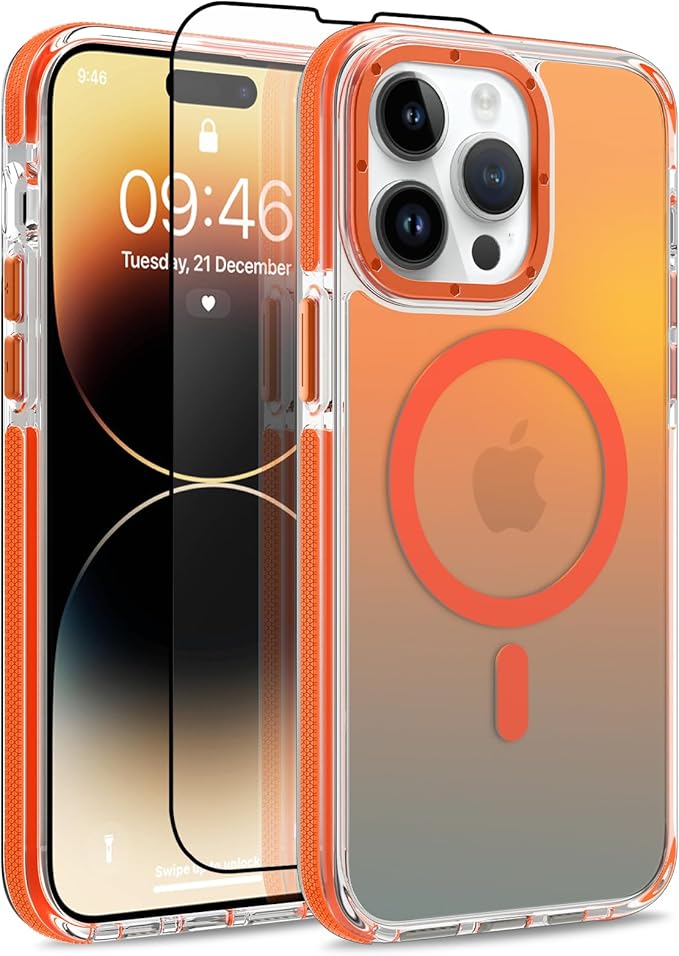 MOWIME Magnetic Case for iPhone 14 Pro Max [Compatible with Magsafe] [Cute Fashion Fluorescent Design] [1 Screen Protector] Slim Translucent Matte Case for iPhone 14 Pro Max 6.7" 2022, Orange
