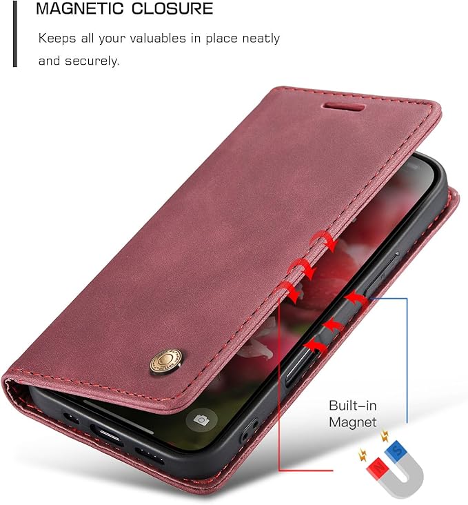 QLTYPRI for iPhone 16 Plus Case Wallet with Card Holder, Vintage PU Leather Kickstand Magnetic Closure Shockproof Folio Book Cover Case for iPhone 16 Plus - Wine Red