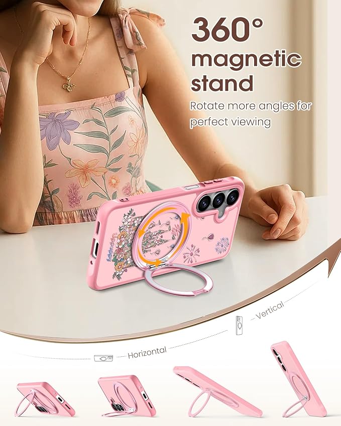 for Samsung Galaxy A16 4G/5G Case with 360° Rotatable Magnetic Ring - Semi-Transparent Anti-Fingerprint Soft-Touch Material Shockproof, Cute Pink Castle Design for Women Girl