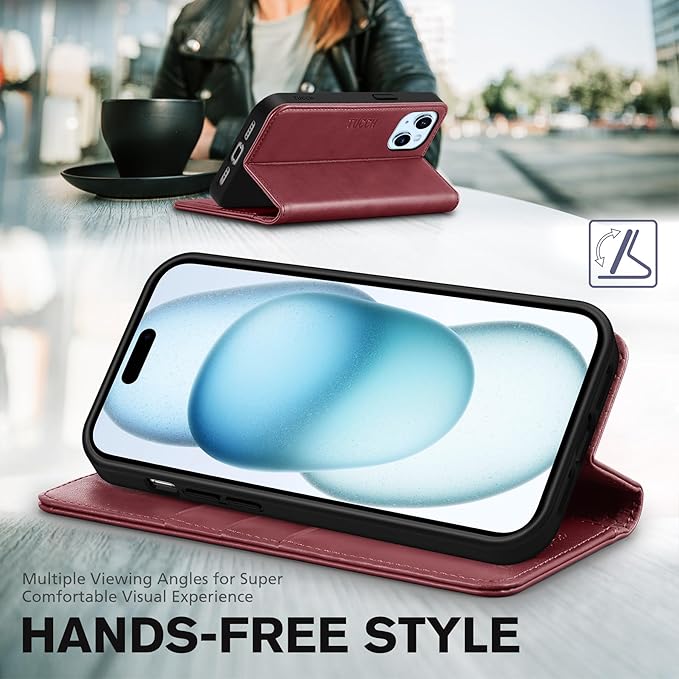 TUCCH Case for iPhone 15 6.1", PU Leather Flip Wallet Case, Stand Folio Cover with [RFID Blocking] [3 Credit Card Slot] Shockproof [Soft TPU Interior Case] Compatible with iPhone 15 5G 2023, Dark Red