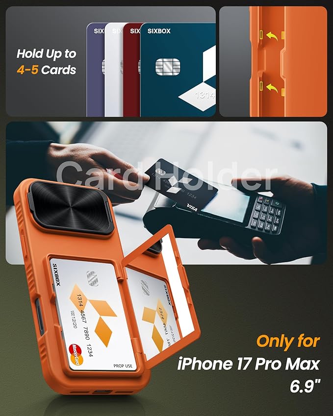 for iPhone 17 Pro Max Case with Credit Card Holder, Built-in Camera Cover & Stand, Silicone Bumper Raised Edge Full Body Protective Phone Cover Case for iPhone 17 Pro Max 6.9" 2025, Orange