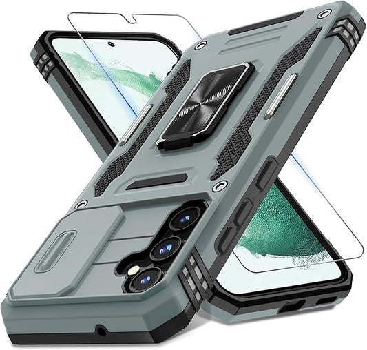 DEERLAMN Case for Samsung Galaxy S23 FE 6.4-Inch with Slide Camera Cover+Screen Protector(1 Pack),Rotated Ring Kickstand Military Grade Shockproof Protective Cover-Grey